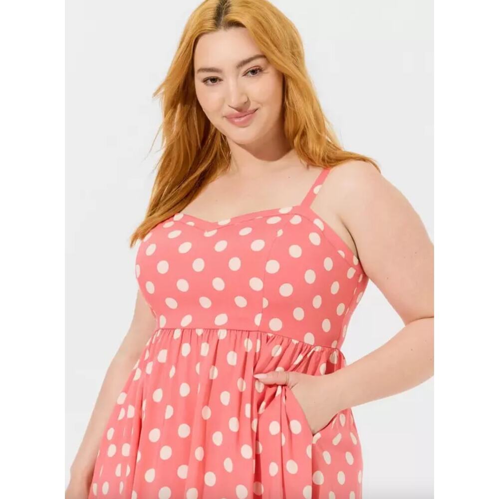 Torrid Midi Challis Sweetheart Dress Pink Polka Dot Size 1 - Picture 2 of 11